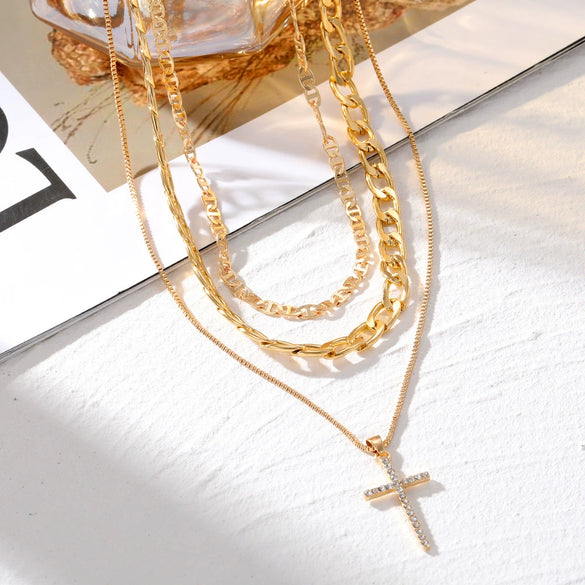 Jewelry Alloy Geometric Cross Heartshaped Pendant Multilayer Necklace With Diamond For Women