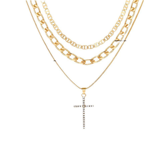 Jewelry Alloy Geometric Cross Heartshaped Pendant Multilayer Necklace With Diamond For Women