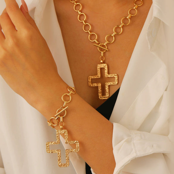 Jewelry Alloy Geometric Cross Pendant Necklace Electroplated Cold Style Clavicle Chain For Women