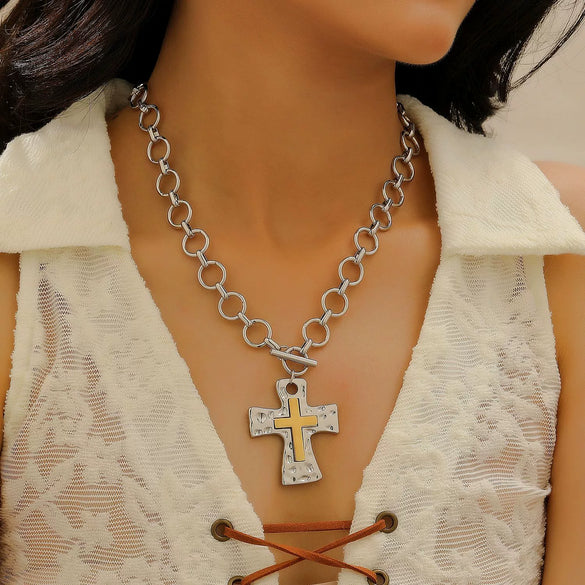 Jewelry Alloy Geometric Cross Pendant Necklace Electroplated Cold Style Clavicle Chain For Women