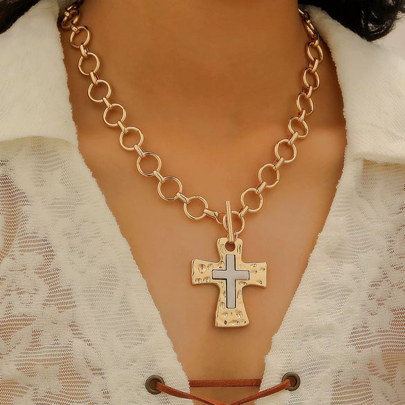 Jewelry Alloy Geometric Cross Pendant Necklace Electroplated Cold Style Clavicle Chain For Women