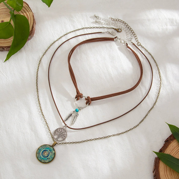 Jewelry Alloy Geometric Devil's Eye Pendant Necklace With Leather Wax Thread Iron Chain Rice Beads Acrylic Crystal Electroplating For Women