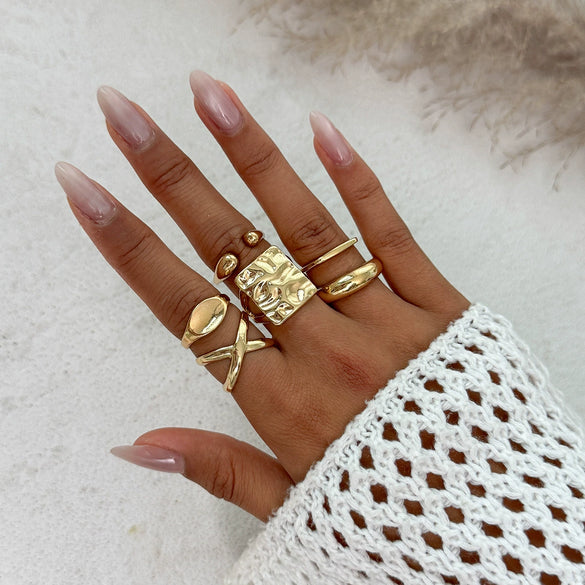 Jewelry Alloy Geometric Exaggerated Asymmetrical Open Ring Set Electroplating Niche Style