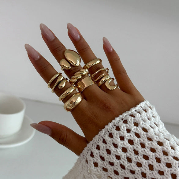 Jewelry Alloy Geometric Exaggerated Asymmetrical Open Ring Set Electroplating Niche Style