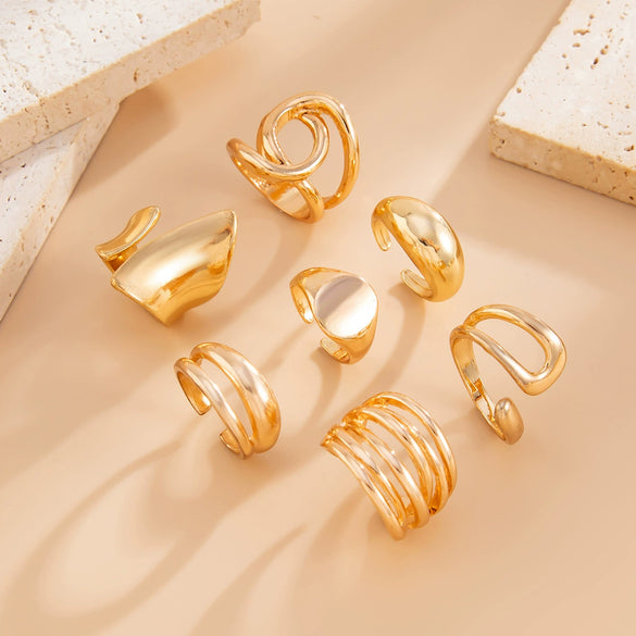 Jewelry Alloy Geometric Exaggerated Asymmetrical Open Ring Set Electroplating Niche Style