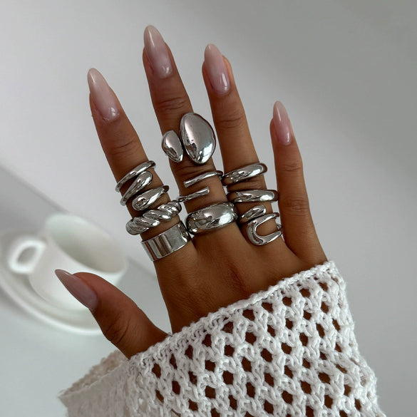 Jewelry Alloy Geometric Exaggerated Asymmetrical Open Ring Set Electroplating Niche Style
