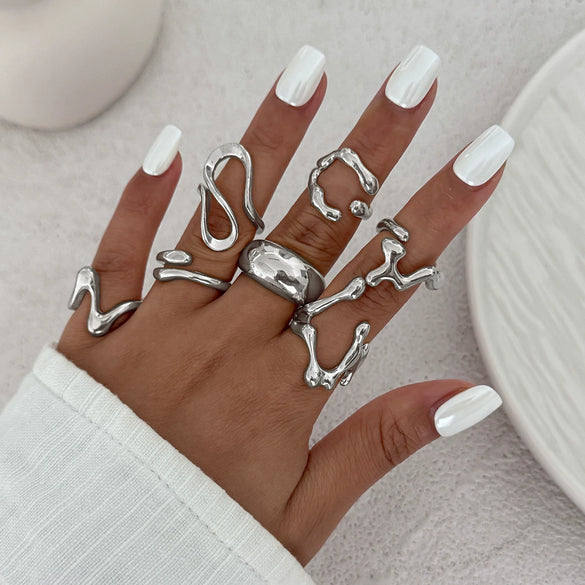 Jewelry Alloy Geometric Irregular Liquid Lava Pleated Open Ring Electroplating Light Luxury Design