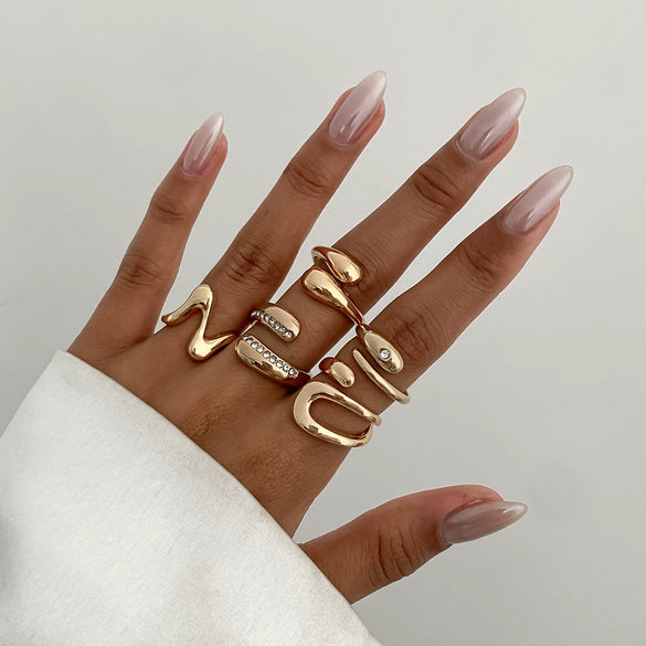 Jewelry Alloy Geometric Irregular Liquid Lava Pleated Open Ring Electroplating Light Luxury Design