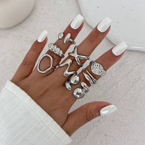 Jewelry Alloy Geometric Irregular Liquid Lava Pleated Open Ring Electroplating Light Luxury Design