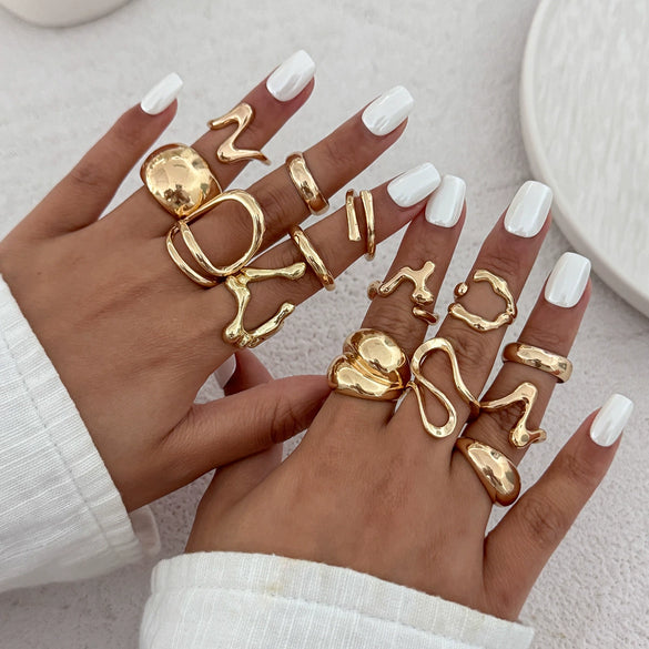 Jewelry Alloy Geometric Irregular Liquid Lava Pleated Open Ring Electroplating Light Luxury Design