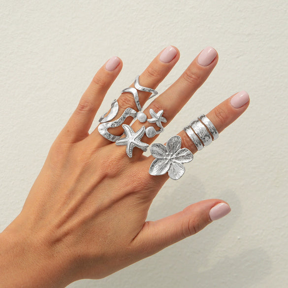 Jewelry Alloy Geometric Open Ring Set With Starfish Pearl Electroplating