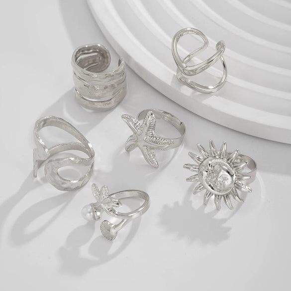 Jewelry Alloy Geometric Open Ring Set With Starfish Pearl Electroplating