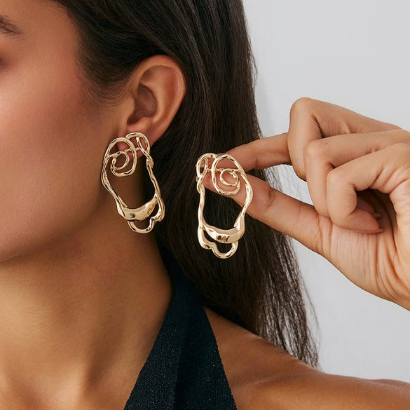 Jewelry Alloy Geometric Pleated Asymmetrical Pendant Earrings Electroplating