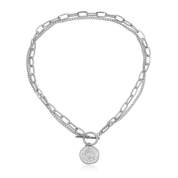 Jewelry Alloy Geometric Round Pendant Necklace For Women Doublelayer Simple Chain Electroplated