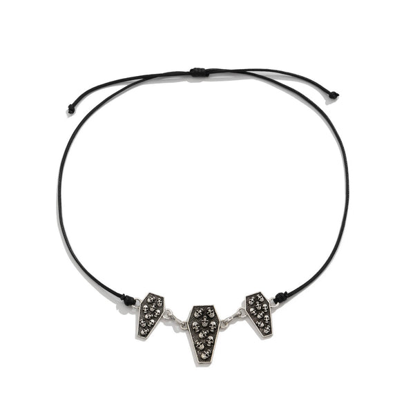 Jewelry Alloy Geometric Skull Pendant Collarbone Necklace Dark Style Electroplating Leather Wax Thread Chain For Women
