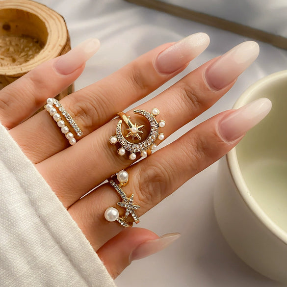 Jewelry Alloy Geometric Star Moon Diamond Ring Bracelet Set