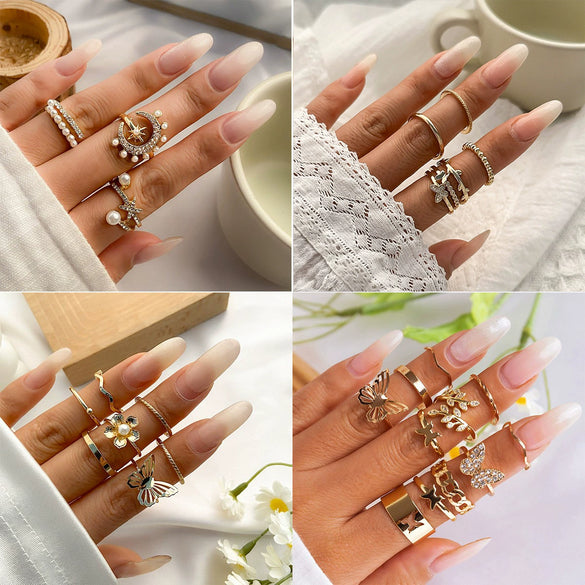 Jewelry Alloy Geometric Star Moon Diamond Ring Bracelet Set
