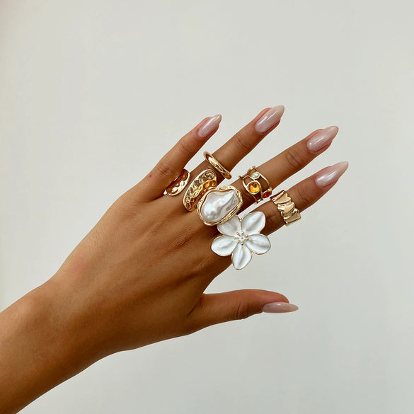 Jewelry Alloy Geometric Style Pearl Oil Drop Flower Ring Set Oval Chain Necklace With Electroplating