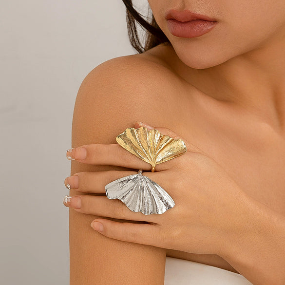 Jewelry Alloy Ginkgo Leaf Ring Women's Metal Texture Electroplating Geometric Style