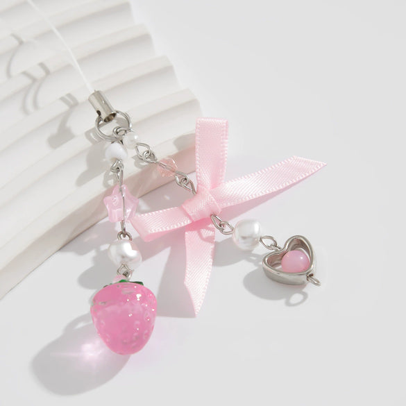 Jewelry Alloy Glass Bead Keychain With Bow And Fivepointed Star Fruit Pattern Electroplated