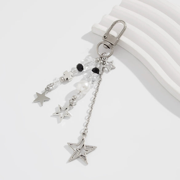 Jewelry Alloy Glass Bead Keychain With Bow And Fivepointed Star Fruit Pattern Electroplated
