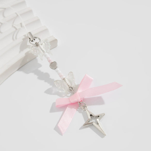 Jewelry Alloy Glass Bead Keychain With Bow And Fivepointed Star Fruit Pattern Electroplated