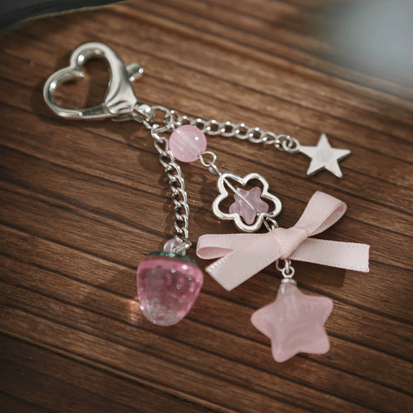 Jewelry Alloy Glass Bead Keychain With Bow And Fivepointed Star Fruit Pattern Electroplated