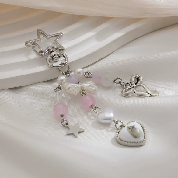 Jewelry Alloy Glass Bead Keychain With Bow And Fivepointed Star Fruit Pattern Electroplated