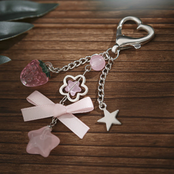 Jewelry Alloy Glass Bead Keychain With Bow And Fivepointed Star Fruit Pattern Electroplated