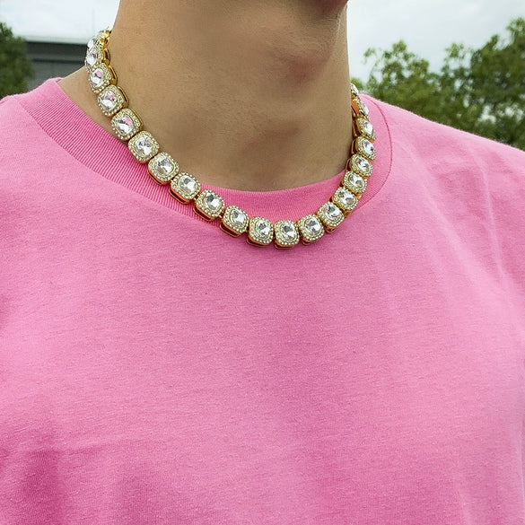 Jewelry Alloy Glass Geometric Square Diamondencrusted Cuban Chain Necklace Electroplated