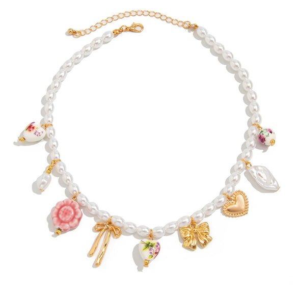 Jewelry Alloy Heart Geometric Clavicle Chain Electroplating Imitation Pearl Beaded Pendant Necklace Sweet Style