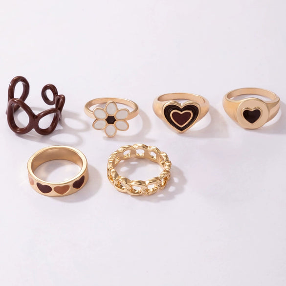 Jewelry Alloy Heart Geometric Oil Drop Ring Sixpiece Set