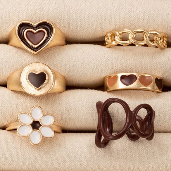Jewelry Alloy Heart Geometric Oil Drop Ring Sixpiece Set