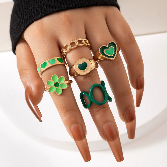 Jewelry Alloy Heart Geometric Oil Drop Ring Sixpiece Set