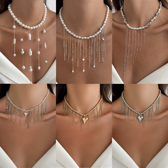 Jewelry Alloy Heart Pendant Necklace Sweet Style Electroplating Clavicle Chain Imitation Pearl Tassel