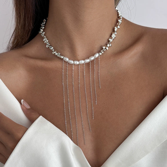 Jewelry Alloy Heart Pendant Necklace Sweet Style Electroplating Clavicle Chain Imitation Pearl Tassel