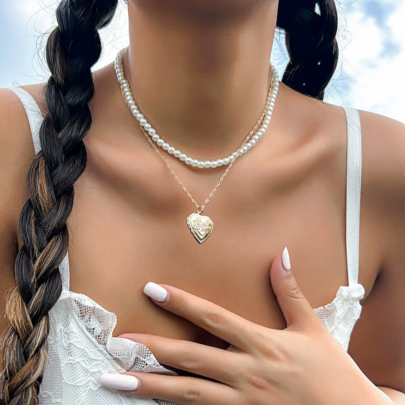 Jewelry Alloy Heart Pendant Pearl Chain Electroplating Sweet Style Women