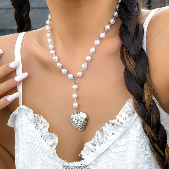 Jewelry Alloy Heart Pendant Pearl Chain Electroplating Sweet Style Women