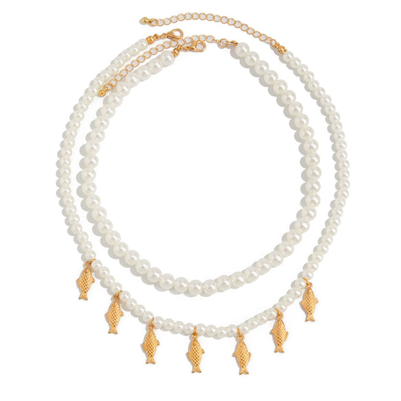 Jewelry Alloy Imitation Pearl Beaded Fish Pendant Clavicle Chain Electroplating Animal Style