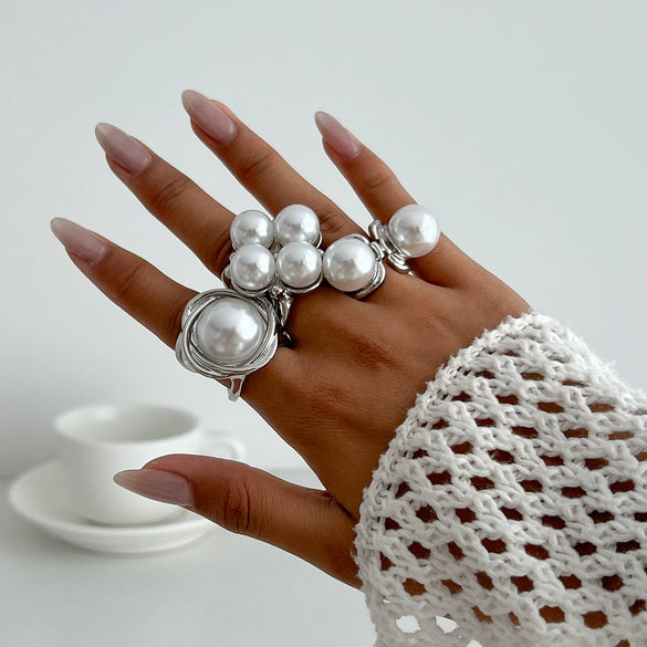 Jewelry Alloy Imitation Pearl Geometric Baroque Style Electroplating Ring Set