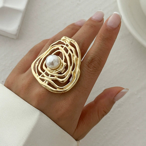 Jewelry Alloy Imitation Pearl Geometric Corrugated Irregular Oval Winding Ring Electroplated For Women