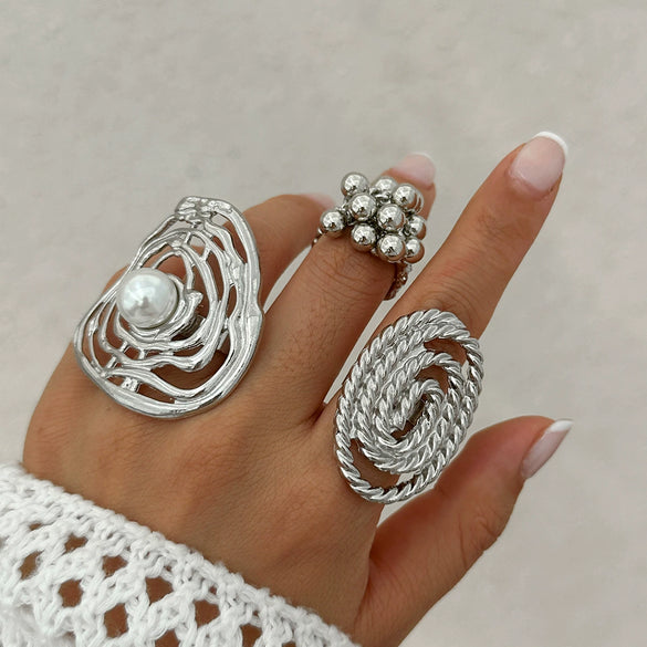 Jewelry Alloy Imitation Pearl Geometric Corrugated Irregular Oval Winding Ring Electroplated For Women