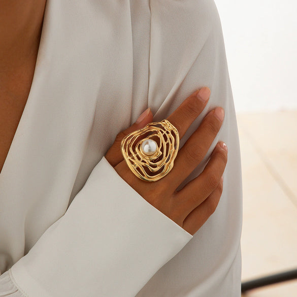 Jewelry Alloy Imitation Pearl Geometric Corrugated Irregular Oval Winding Ring Electroplated For Women