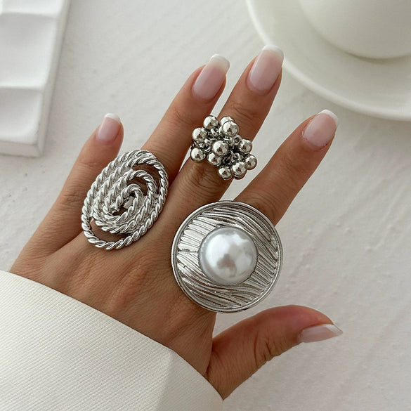Jewelry Alloy Imitation Pearl Geometric Corrugated Irregular Oval Winding Ring Electroplated For Women