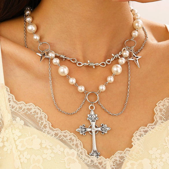 Jewelry Alloy Imitation Pearl Geometric Love Cross Butterfly Necklace For Women