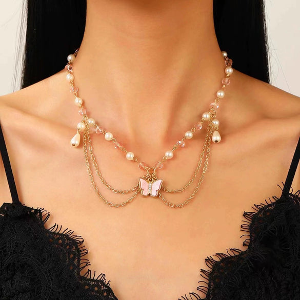 Jewelry Alloy Imitation Pearl Geometric Love Cross Butterfly Necklace For Women
