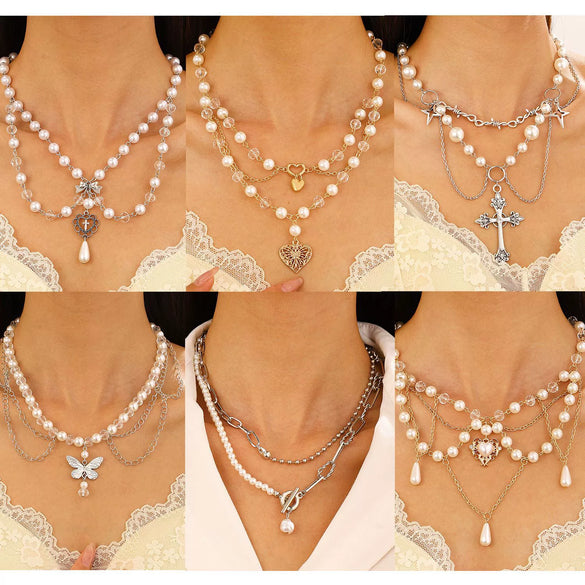 Jewelry Alloy Imitation Pearl Geometric Love Cross Butterfly Necklace For Women