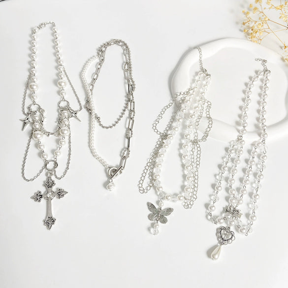 Jewelry Alloy Imitation Pearl Geometric Love Cross Butterfly Necklace For Women
