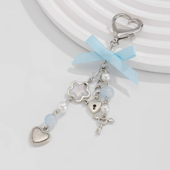 Jewelry Alloy Imitation Pearl Love Bow Ribbon Key Chain Pendant With Electroplating
