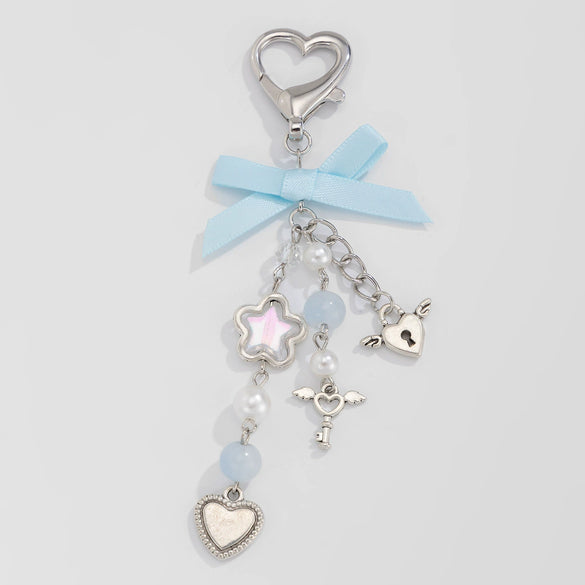 Jewelry Alloy Imitation Pearl Love Bow Ribbon Key Chain Pendant With Electroplating
